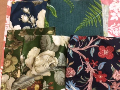 Lot 2104 - Box of vintage fabrics including 1970's designs. Swedish screen prints Rapsodi by Rita Wahlstrom, green and brown , Mykero by Saini Salonen, Plexus by Sven Frisedt.  Sanderson's Kilmaurs, Henley,...