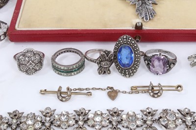 Lot 603 - Group of antique and later paste set jewellery including a starburst brooch and similar pair of clip on earrings, silver marcasite bangle, other silver marcasite brooches, silver marcasite wristwat...