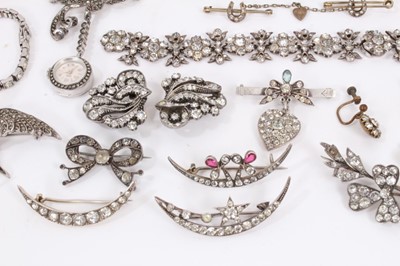 Lot 603 - Group of antique and later paste set jewellery including a starburst brooch and similar pair of clip on earrings, silver marcasite bangle, other silver marcasite brooches, silver marcasite wristwat...