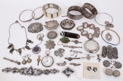 Lot 604 - Two Victorian silver bangles, Victorian and later silver brooches, enamelled locket pendant, blue enamelled silver panel bracelet, silver cased fob watch, other antique and later jewellery