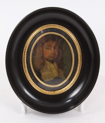 Lot 1015 - Portrait miniature on card of a 17th century gentleman, named verso as 'Probably Joseph Howe of St Bartholomew by the Change Master of the Spectacle Makers Company 1673, died 1706, copied by Roger...