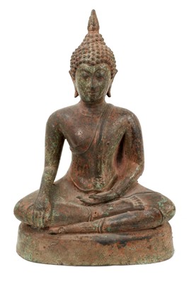 Lot 1021 - Antique bronze Buddha figure, depicted seated in meditative pose, with deep patination, on hollow base, 36cm high