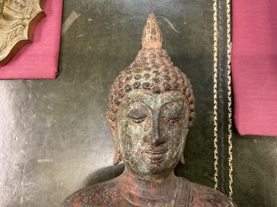 Lot 1021 - Antique bronze Buddha figure, depicted seated in meditative pose, with deep patination, on hollow base, 36cm high