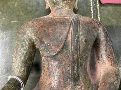 Lot 1021 - Antique bronze Buddha figure, depicted seated in meditative pose, with deep patination, on hollow base, 36cm high