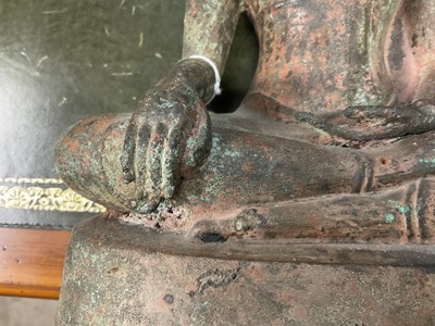 Lot 1021 - Antique bronze Buddha figure, depicted seated in meditative pose, with deep patination, on hollow base, 36cm high