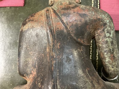 Lot 1021 - Antique bronze Buddha figure, depicted seated in meditative pose, with deep patination, on hollow base, 36cm high