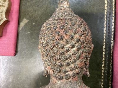 Lot 1021 - Antique bronze Buddha figure, depicted seated in meditative pose, with deep patination, on hollow base, 36cm high
