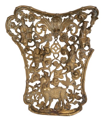 Lot 1022 - 18th / 19th century Chinese bronze plaque, of cartouche form pierced and moulded with figure and mythical beasts, 42cm high