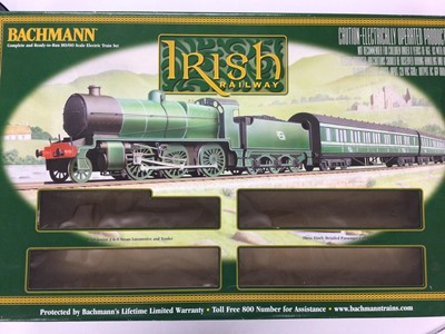 Lot 128 - Bachmann OO gauge Larnord Eireann train set including 2700 Class DMU and accessories, 30-051 plus Bachmann HO / OO gauge Irish Green 2-6-0 locomotive, three passenger cars 00651