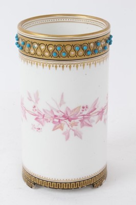 Lot 92 - Victorian porcelain cylinder vase with blue enamelled jewelling and painted ivy decoration with presentation inscription to base ' Presented to the Countess of Shrewsbury by Pinder & Co with the co...