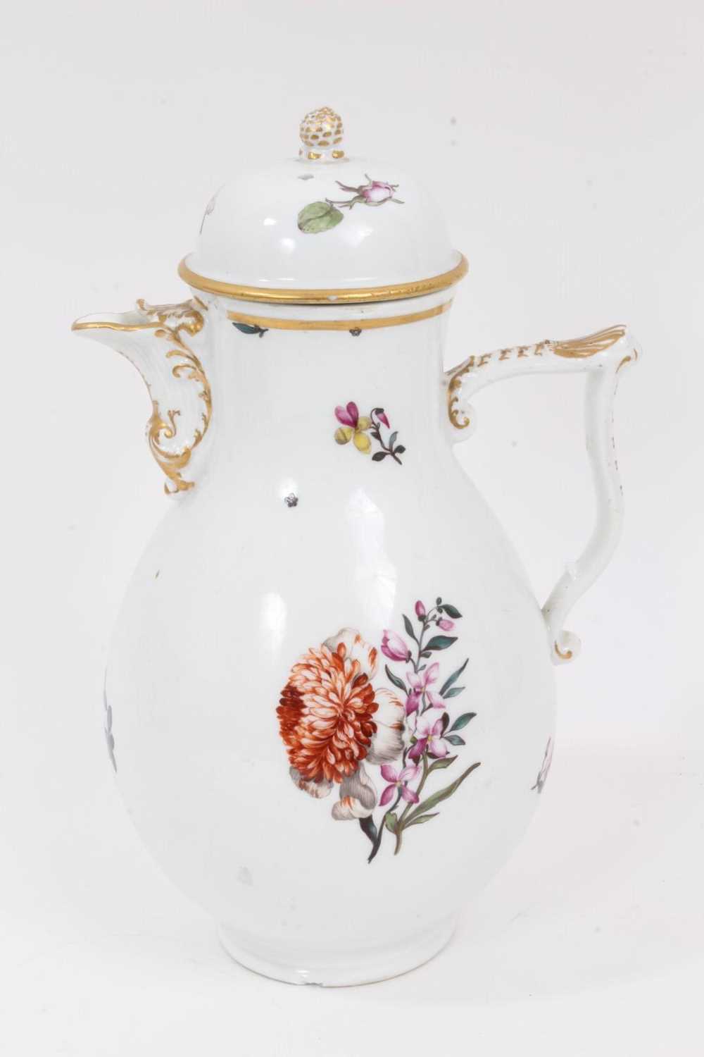 Lot 290 - A Meissen coffee pot, circa 1740, polychrome painted with floral sprays, with Tau handle and scrolled spout, crossed swords mark, 23.5cm high