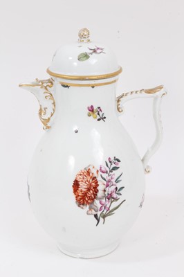 Lot 290 - A Meissen coffee pot, circa 1740, polychrome painted with floral sprays, with Tau handle and scrolled spout, crossed swords mark, 23.5cm high