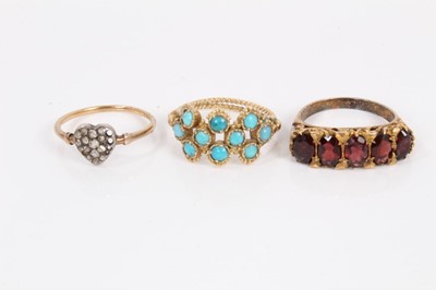 Lot 618 - 19th century turquoise gold dress ring, Victorian pavé set diamond heart shaped ring and garnet five stone ring