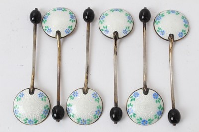 Lot 494 - Set of six 1950s bean end silver and guilloché enamel coffee spoons in a fitted case, (Birmingham 1956), maker Turner & Simpson.