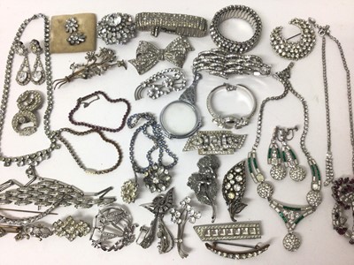 Lot 198 - Collection of vintage paste set costume jewellery including earring and necklace set, various bracelets, brooches, screw back and clip on earrings and a cocktail watch