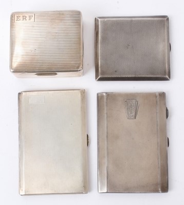 Lot 496 - George V silver cigarette box of rectangular form (Birmingham 1929), maker Adie Brothers, together with three silver cigarette cases, (various dates and makers) 15ozs of weighable silver (4).