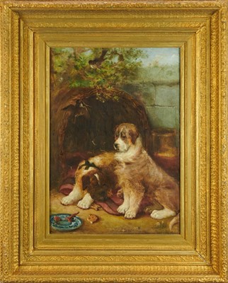 Lot 1241 - Edwin Frederick Holt (1830 - 1912), oil on canvas, St. Bernard Dogs by their Kennel, signed and dated 1888, 60cm x 42cm, in original gilt frame