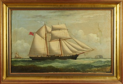 Lot 1236 - Joseph Semple (1830 - 1877) oil on canvas, The Snowdrop, a two masted sailing ship off Bass Rock in the outer part of the Firth of Forth,  
signed and inscribed Belfast. 42 x 68cm.