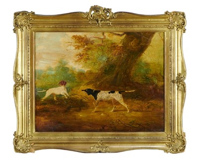 Lot 1148 - English School early 19th Century, oil on board, A woodland scene with pointers hunting, in gilt frame. 43 x 56cm.