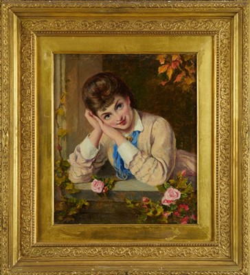 Lot 1243 - George Wells (act. 1842-1888), oil on canvas, A pretty young lady day-dreaming, signed, 32 x 28cm, in gilt frame