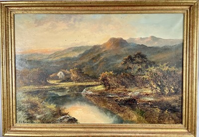 Lot 1239 - Francis E. Jamieson, a pair of oils on canvas, Hilly wooded river landscapes, both signed, 50 x 76cm, in gilt frames )