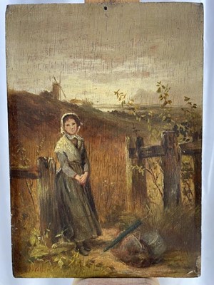 Lot 1248 - Frederick Walker (1840 - 1875), oil on oak panel, A peasant girl leaning on a gatepost her belongings at her feet, signed, unframed. 21 x 15cm.