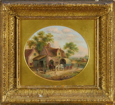 Lot 1242 - Georgina Lara (act.1840 -1880), oval oil  on board, A village scene with rustic figures and a horse drawn wagon, signed verso, in gilt frame. 
19 x 21cm.