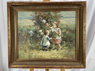 Lot 1240 - F. Chistaux, mid 20th century, oil on canvas, Children picking flowers from a rose bush, signed, 40 x 60cm, in gilt frame