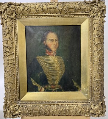 Lot 1296 - English School 19th Century, oil on canvas, A portrait of a young military officer in gilt period frame. 29 x 24cm.