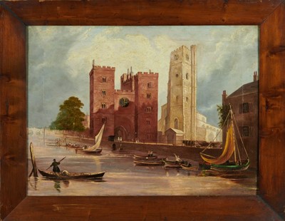 Lot 368 - English School, 19th century, oil on canvas - Lambeth Palace from the Thames, 44cm x 60cm, in 19th century pine frame