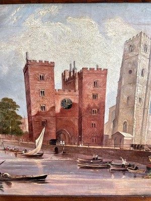 Lot 181 - English School, 19th century, oil on canvas - Lambeth Palace from the Thames, 44cm x 60cm, in 19th century pine frame