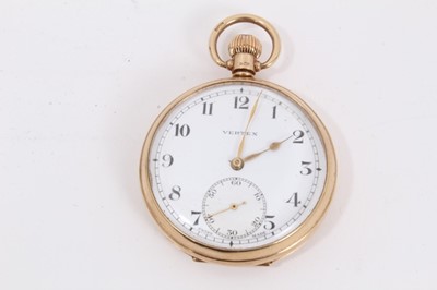 Lot 596 - Gentleman's 9ct gold Vertex pocket watch with Vertex 15 jewel button-wind movement, white enamel dial with subsidiary seconds in 9ct gold case, Birmingham 1935.