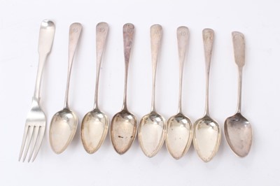 Lot 515 - Set of six George III Scottish silver Old English pattern dessert spoons, (Edinburgh 1802), shaped sovereign's head punch, maker probably Robert Keay. Together with a Scottish silver.