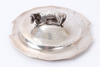 Lot 513 - Early Victorian silver butter dish cover with applied cow finial, engraved with a latin dedication and a family crest, (Birmingham 1843)