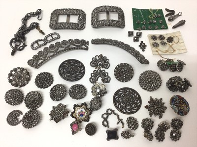 Lot 842 - Collection of early 19th century cut steel including a pair of shoe buckles, a tiara (in two pieces) and various buttons