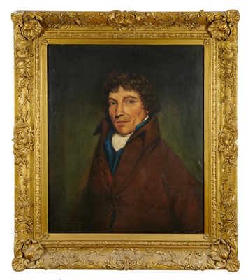 Lot 1190 - English School, 19th century, oil on canvas - portrait of a gentleman in brown coat, 76cm x 64cm, in gilt frame