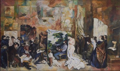 Lot 1350 - Dorothy Mead (1928-1975) vast oil on canvas - The Painters Studio after Courbet, 183cm x 305cm