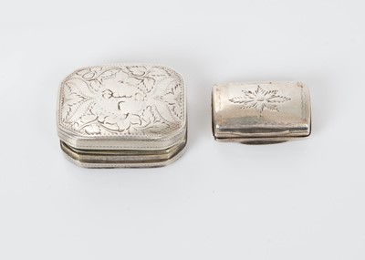 Lot 503 - George IV silver vinaigrette of rectangular form with engraved decoration, gilded interior with pierced hinged grill, (Birmingham 1822), maker James Collins, together with another George III silver...