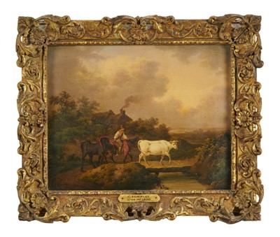 Lot 1283 - Charles Townley (1746-1800) oil on panel - rural landscape with a figure on horseback and a cow on a bridge, signed, 18.5cm x 23.5cm, in gilt frame, Frost & Reed and Parker Gallery labels verso