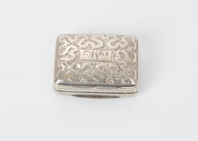 Lot 508 - George III silver vinaigrette of rectangular cushion form with brite cut engraved decoration, gilded interior with pierced hinged grill, (Birmingham 1819), maker John Shaw, 3.4cm