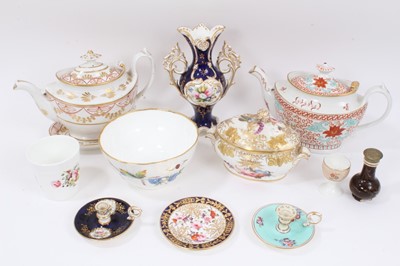 Lot 318 - Group of 18th and 19th century English ceramics, including Coalport chambersticks, other Coalport, agate ware caster, cache pot, egg cup, etc