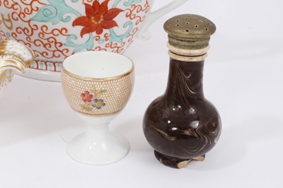 Lot 318 - Group of 18th and 19th century English ceramics, including Coalport chambersticks, other Coalport, agate ware caster, cache pot, egg cup, etc