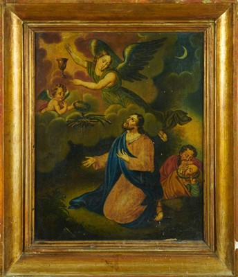 Lot 1295 - East European School, 18th/19th century, oil on canvas - Religious figures and John the Baptist, import stamps verso, 42cm x 34cm, in gilt frame