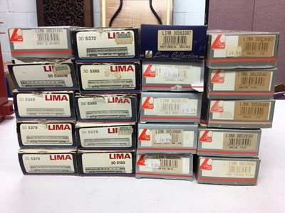 Lot 147 - Lima OO gauge carriages including Intercity Pullman 30 5376, Intercity 30 5385, Buffet car 20 5183, ScotRail (x5), Network SouthEast (x4), Trans Pennine (x5) and two others, all boxed (20)
