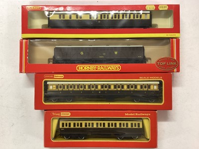 Lot 148 - Hornby OO gauge GWR carriages including Hawksworth R4502, R4503 & R4504, plus twenty one other coaches and Triang Hornby coaches R27 (x3), R743, R744 (x2). & R743A, all boxed (31)