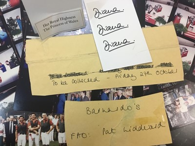 Lot 116 - Diana Princess of Wales, three signatures on card, portrait photographs of the Princess and photographic thumb nail prints of the Princess attending Bernardo's fund raising events and related ephem...