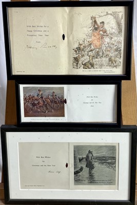 Lot 1130 - Snaffles, Charles Johnson Payne (1884-1967) three Christmas cards, 'Tell me a man's a foxhunter...', 'Ubique Means' and 'The King's Troop', each in double-sided glazed frame