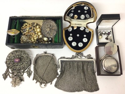 Lot 226 - Two silver mesh purses, miniature silver mirror, set of mother of pearl dress studs, silver yellow stone cocktail ring and other vintage costume jewellery
