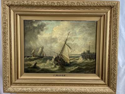 Lot 1317 - Follower of John Moore of Ipswich (1820-1902) oil on panel - fishing boats off the coast, bearing signature, 30cm x 41cm, in gilt frame