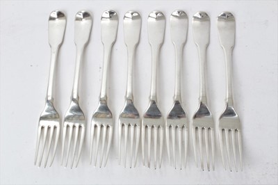 Lot 531 - Set of eight George III silver fiddle pattern dinner forks, each with engraved initials, (London 1813), makers marks rubbed, all at 20ozs